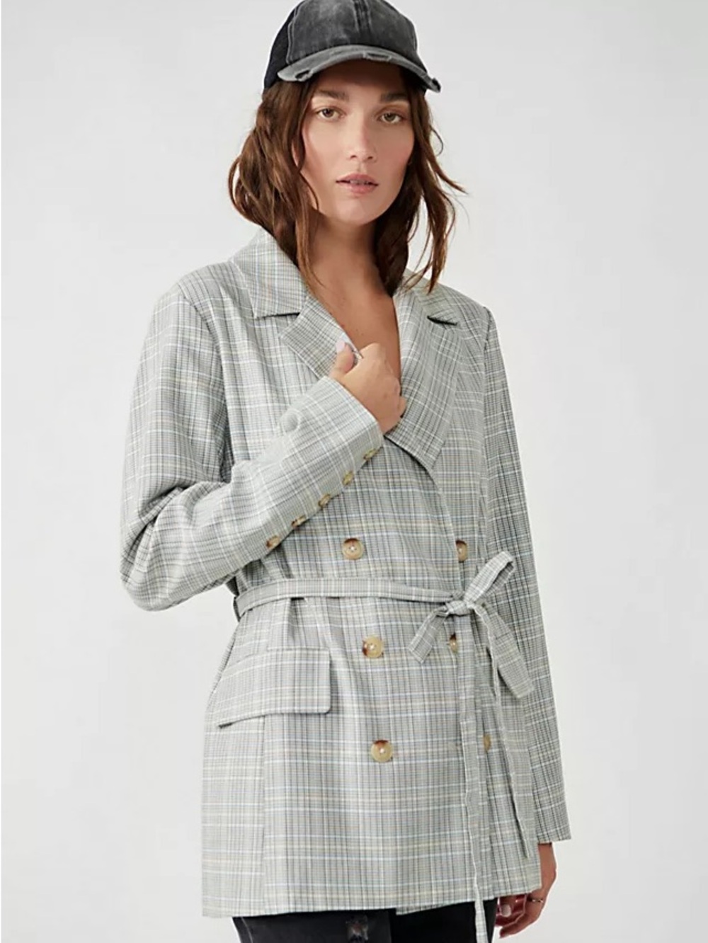 We The Free olivia Plaid Double Belted Blazer sz S